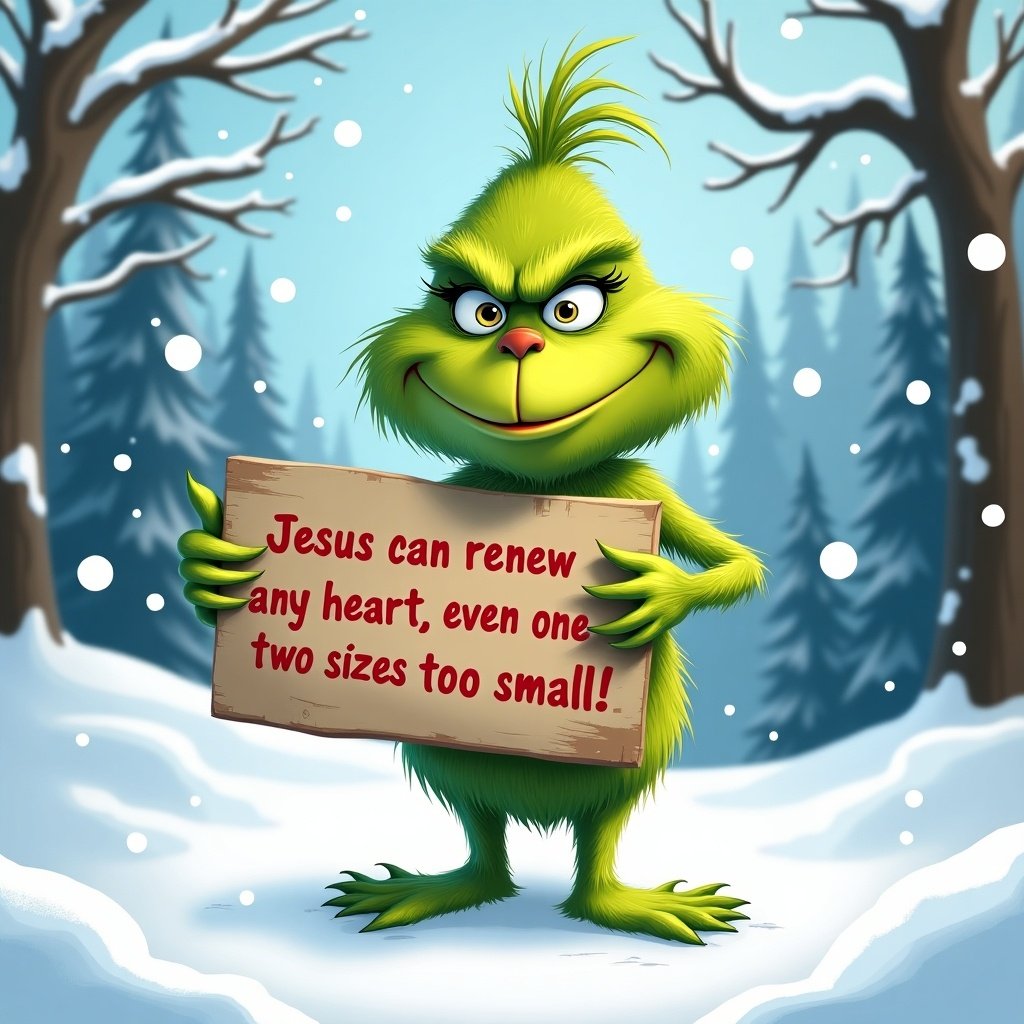 Cartoon Grinch stands in snowy landscape. The Grinch holds a sign. The sign states Jesus can renew any heart even one two sizes too small. Winter trees surround the Grinch. Bright colors create a cheerful holiday theme.