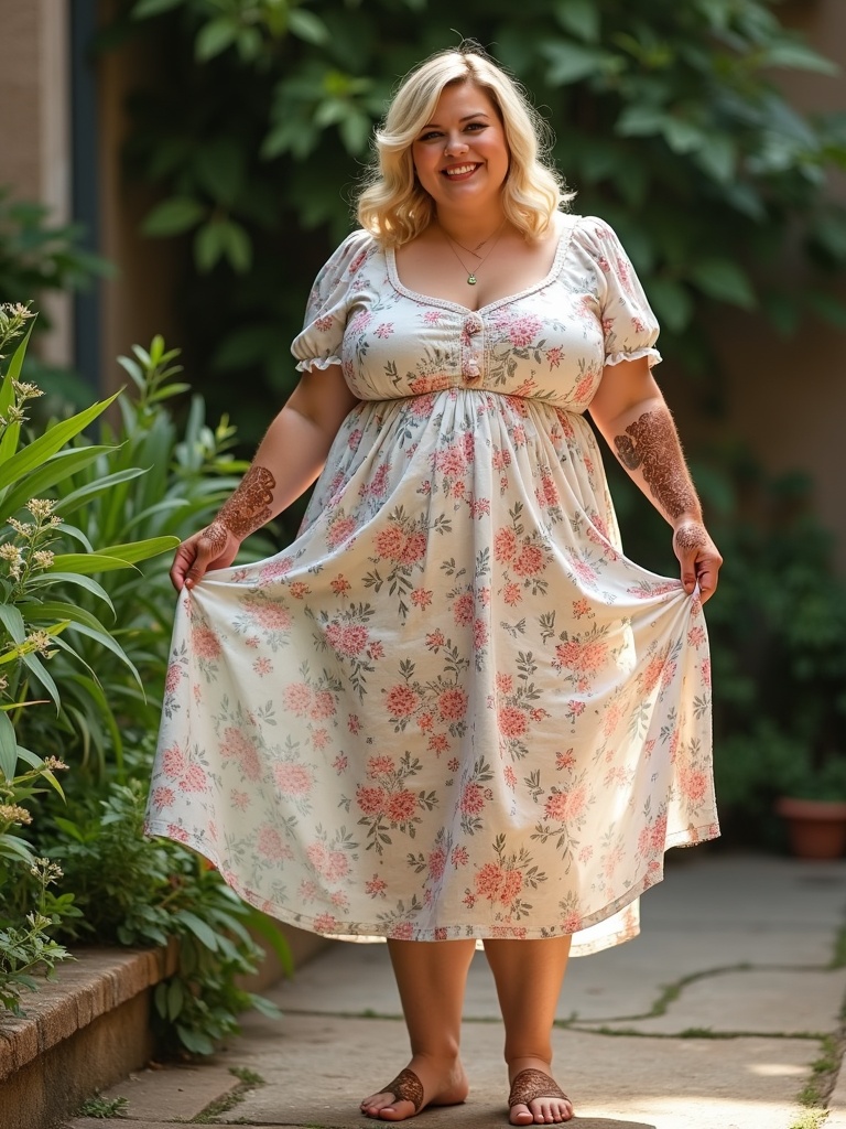 A cheerful woman stands outdoors in a flowing floral dress, beaming with joy. The lush greenery around her complements the pastel colors of her dress, creating a harmonious and serene atmosphere. Her joyful expression and confident pose exude warmth and positivity, making the scene feel inviting and uplifting.