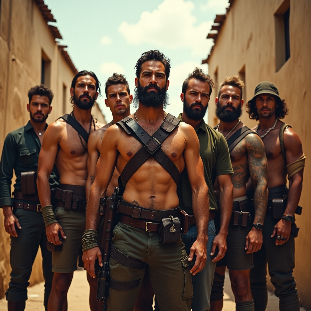 A gathering of capable mercenaries. Group showcasing lively energy and found family dynamics. Resilient men with athletic builds and serious expressions. Outdoor setting with rustic background.