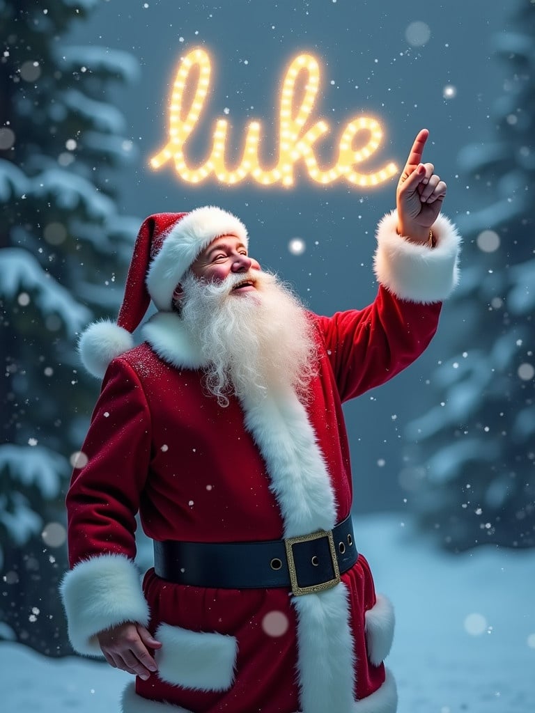 Santa Claus in traditional red suit and matching hat is pointing upward in a snowy landscape. Name 'luke' is magically written in bright lights in the sky. Snowflakes fall around him. Background has snowy trees.