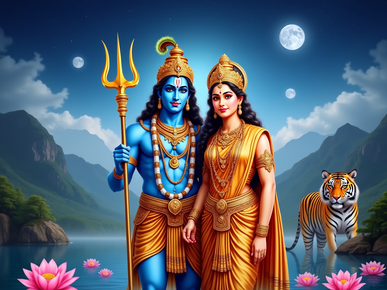 The image features two divine figures standing side by side. One is a blue-skinned deity with a trident, wearing a necklace of snakes and a leopard skin, embodying strength and wisdom. The other is a goddess adorned in a richly designed sari, embellished with gold details and jewelry, representing beauty and grace. They are set against a mystical background filled with mountains, a serene body of water, and a starry sky with multiple moons. In the foreground, beautiful pink lotus flowers float on the water. A tiger is visible in the background, hinting at power and ferocity. The overall atmosphere is vibrant and spiritual, evoking a sense of harmony between the divine couple.