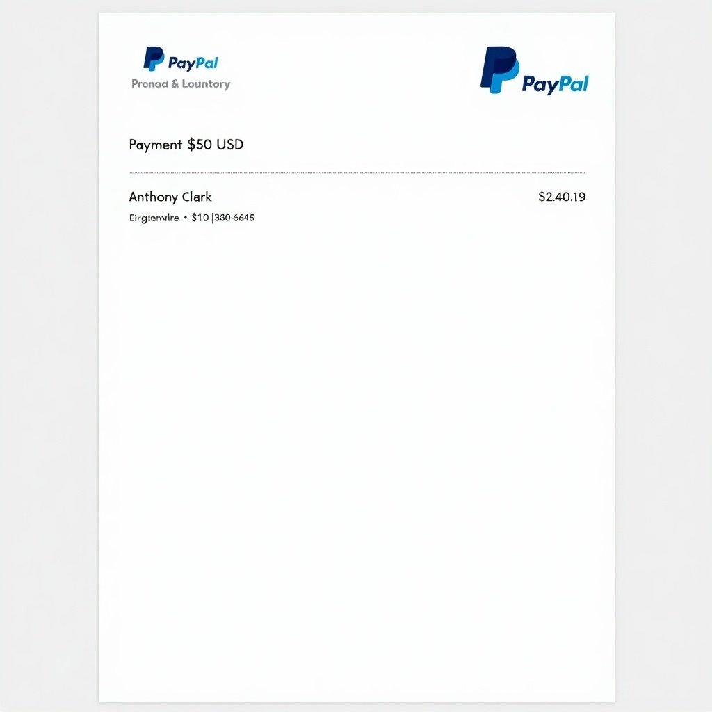 PayPal payment receipt showing a financial transaction of $50 USD to Anthony Clark. The receipt has the PayPal logo. Contact info is included. The design is clean and easy to understand.