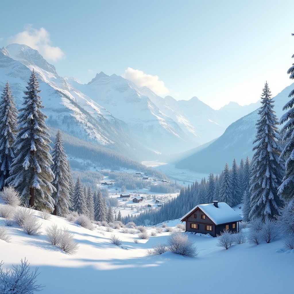 Rural mountain landscape covered with snow. A cozy cabin stands in the snowy terrain. Surrounding trees are frosted. Mountains rise majestically in the background. Soft sunlight bathes the scene. The atmosphere is peaceful and serene.