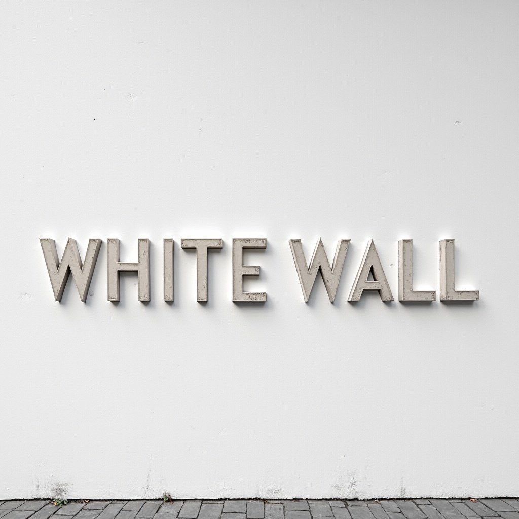 A wall embossed with the words 'WHITE WALL' in a minimalist style. The wall is primarily white with light textures.