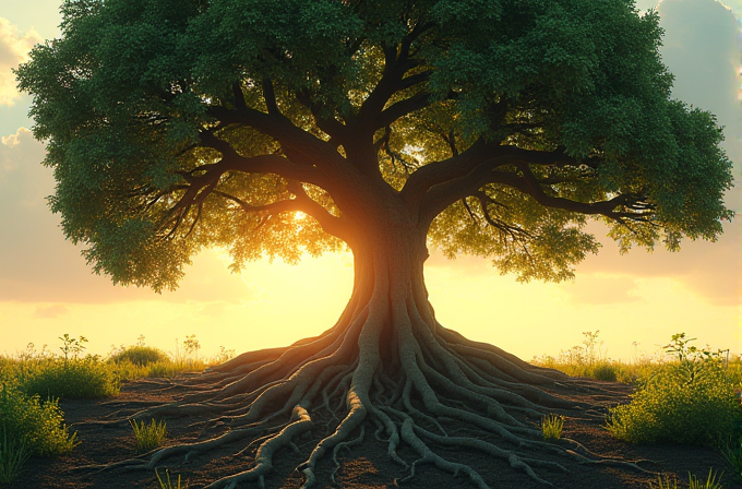 A large, ancient tree stands prominently in a sunlit field with rays of a setting sun illuminating its lush, expansive leaves and a network of sprawling roots.