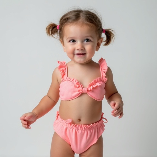 A cute toddler is wearing a pink bikini. The toddler has pigtails and smiles. The setting is light and simple, focusing on the child.