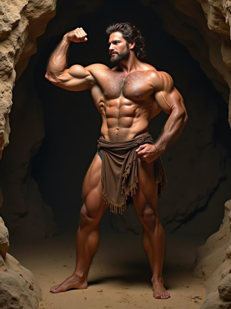 Masculine muscular male poses in a cave environment. Flexing one bicep wearing a leather loincloth. Showcasing powerful and defined muscles. Full body representation from ancient times.