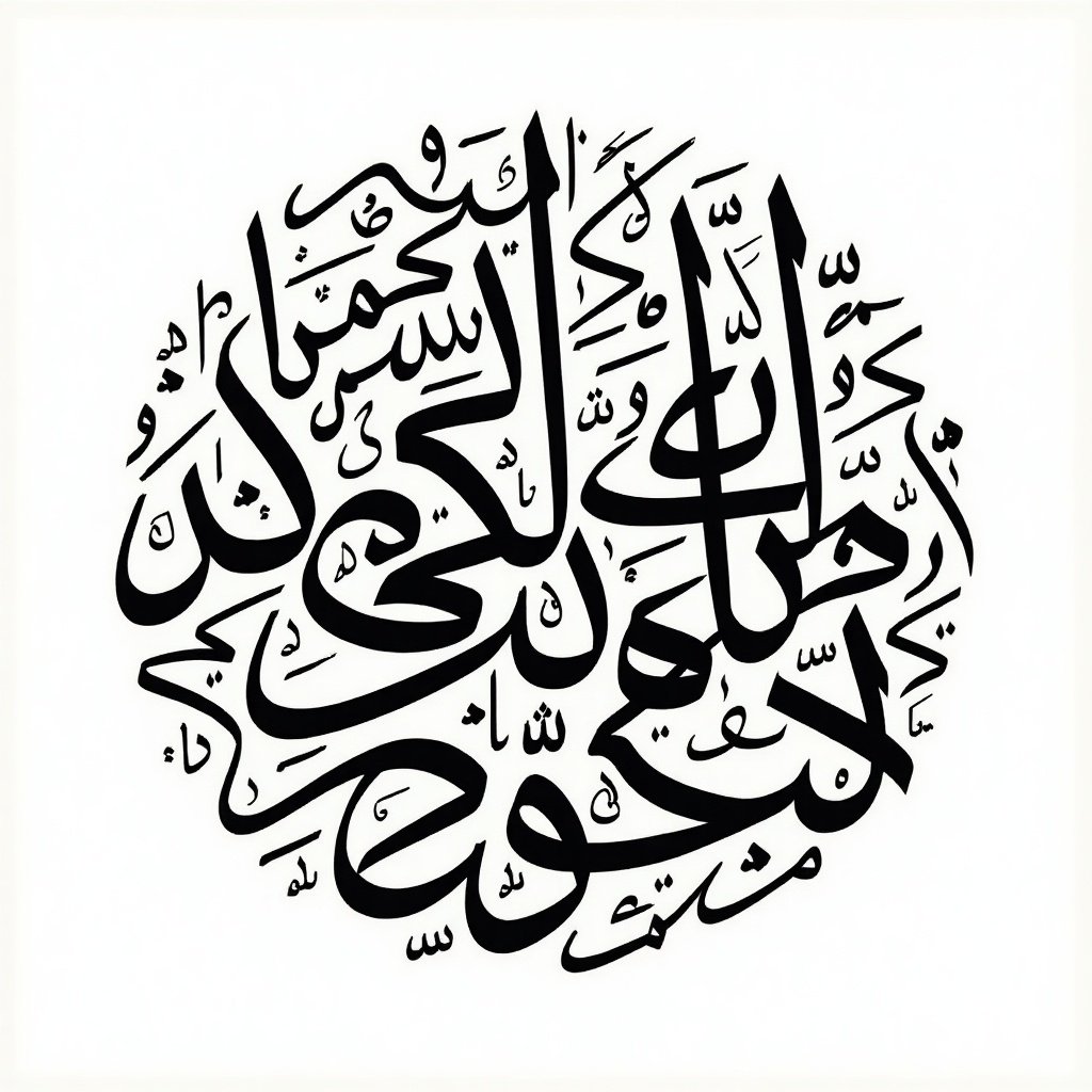 Arabic calligraphy feature names أحسن عملا in circular shape. Design fills area completely with intricate lettering.