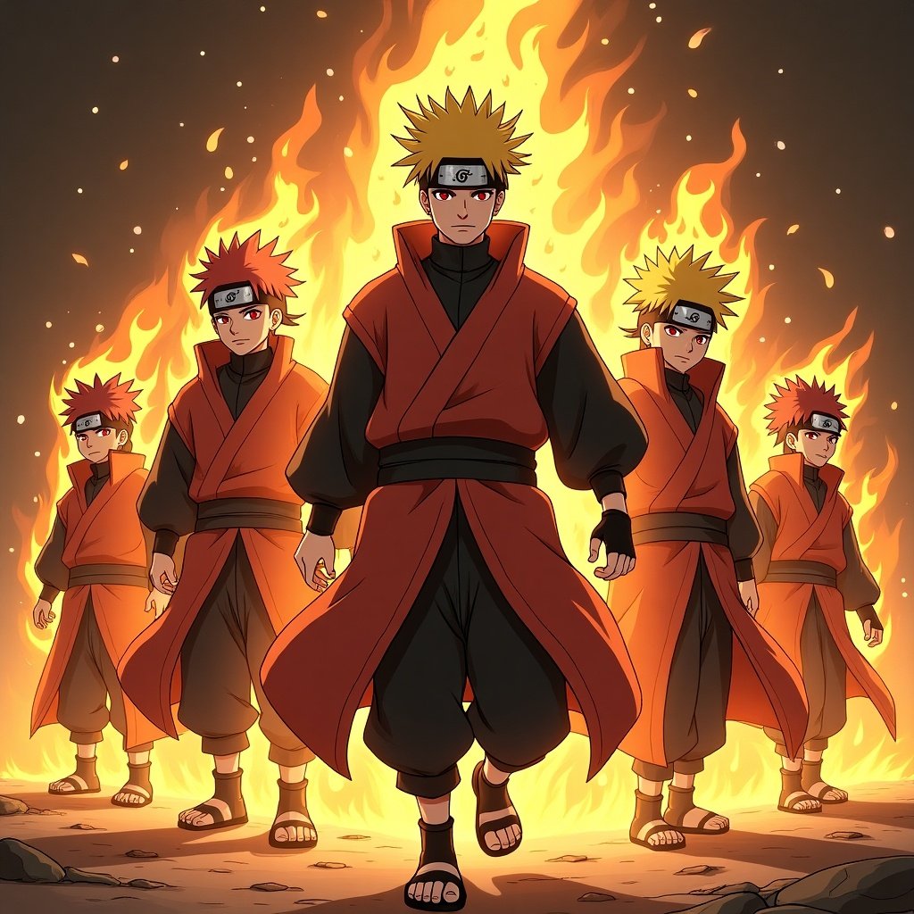 A group of five anime characters resembling ninjas standing confidently amid flames. Each character displays a distinct stance and attire emphasizing a theme of fire. Dramatic atmosphere created by the vivid flames in the background. Artistic style reflects anime-inspired visuals.