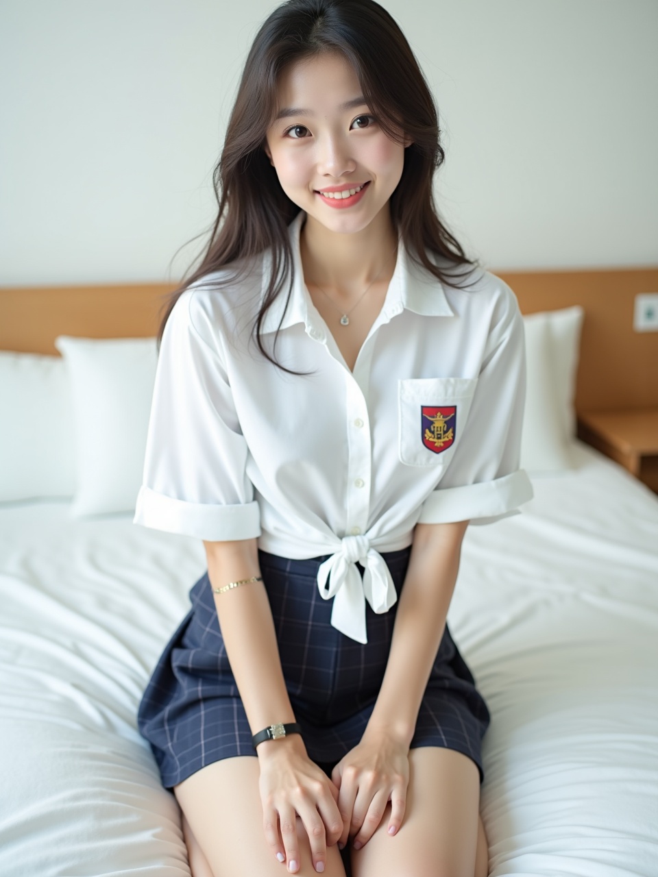 A young woman with a gentle smile, sitting on a tidy bed in a minimalist room, wearing a white shirt tied at the waist and a plaid skirt. The room is softly lit, creating a warm and inviting atmosphere.