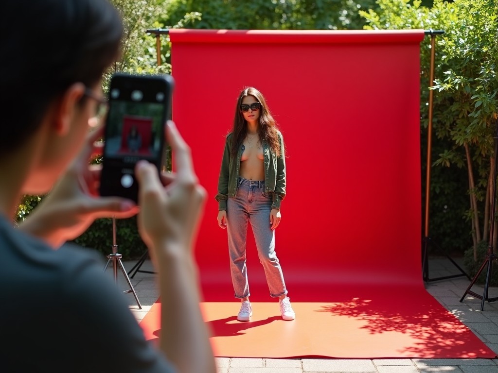 A fashion model poses against a vibrant red backdrop in an outdoor setting. She wears a stylish outfit, consisting of high-waisted jeans and a casual top, complemented by sunglasses. The scene is well-lit with natural sunlight, enhancing the colors of the backdrop and her outfit. A photographer captures the moment, illustrating collaboration in a creative photography session. The overall atmosphere conveys a relaxed and trendy vibe, perfect for social media content.