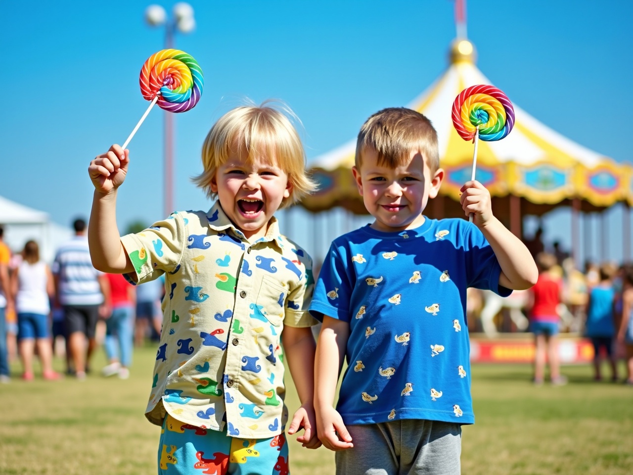 Two young boys are enjoying a day at a fair, both holding large rainbow lollipops. The boy on the left is wearing a colorful shirt with lizards and a matching pair of shorts, while the boy on the right is dressed in a blue shirt adorned with small birds and gray pants. They are making playful expressions as they pose with their treats, with one showing an open mouth as if about to take a bite of the lollipop. In the background, there is a carousel and a crowd of people enjoying the fair festivities under a bright blue sky. The scene is vibrant and captures a joyful moment typical of a fun day at an amusement park.