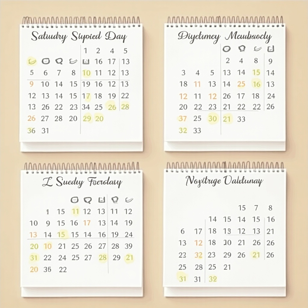 Four different calendar pages displayed together. Each page has a different month written at the top in elegant fonts. Days of the month are properly outlined with some dates highlighted. Simplistic and clean design. Light background complements the calendars.