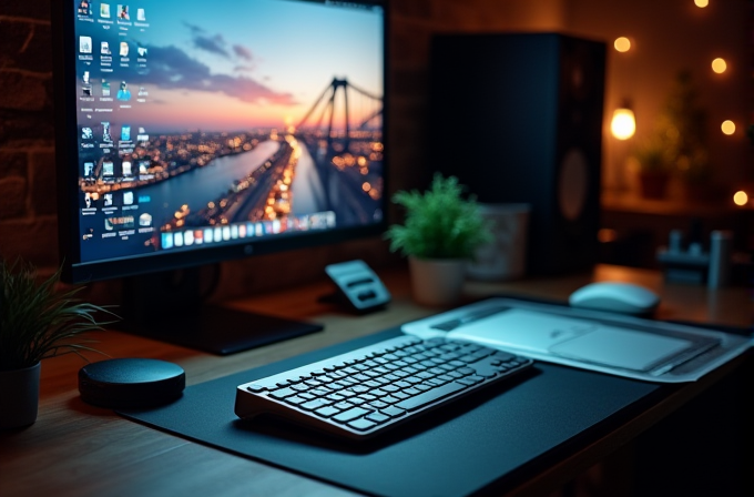 A stylish computer desk setup in a dimly lit room with a scenic cityscape wallpaper on a monitor, surrounded by minimalistic accessories and potted plants.