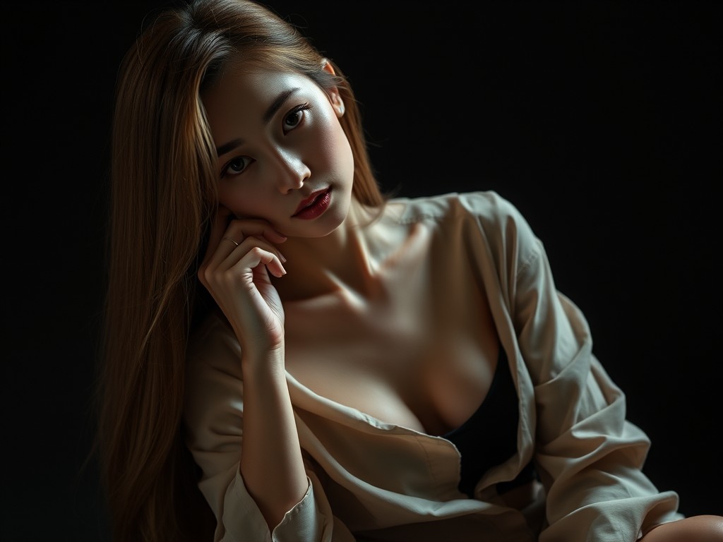 A portrait of a woman in soft lighting, highlighting her contemplative expression and elegant pose against a dark background.