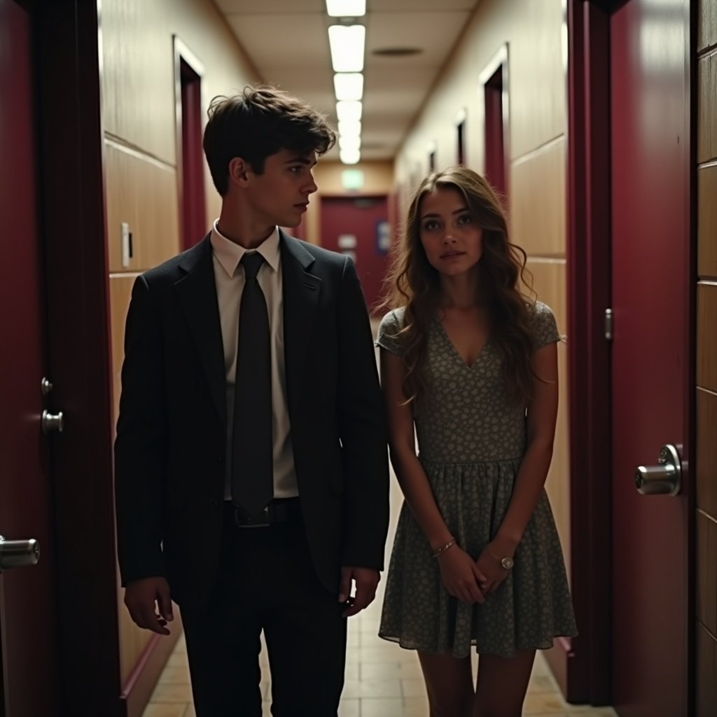 Two high school students leaving the school bathroom at a party. The boy wears a suit. The girl seems sad. They stand in a hallway with doors.