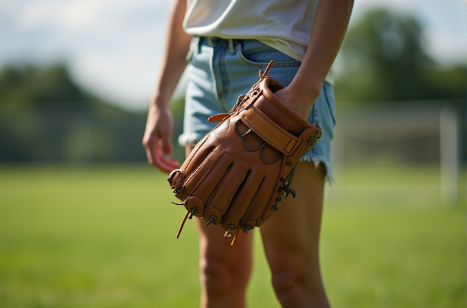 A person wearing shorts holds a baseball glove on a grassy field.