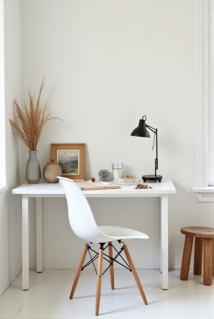 A minimalist desk with a white chair, a black lamp, and natural decorations like vases and a framed picture.