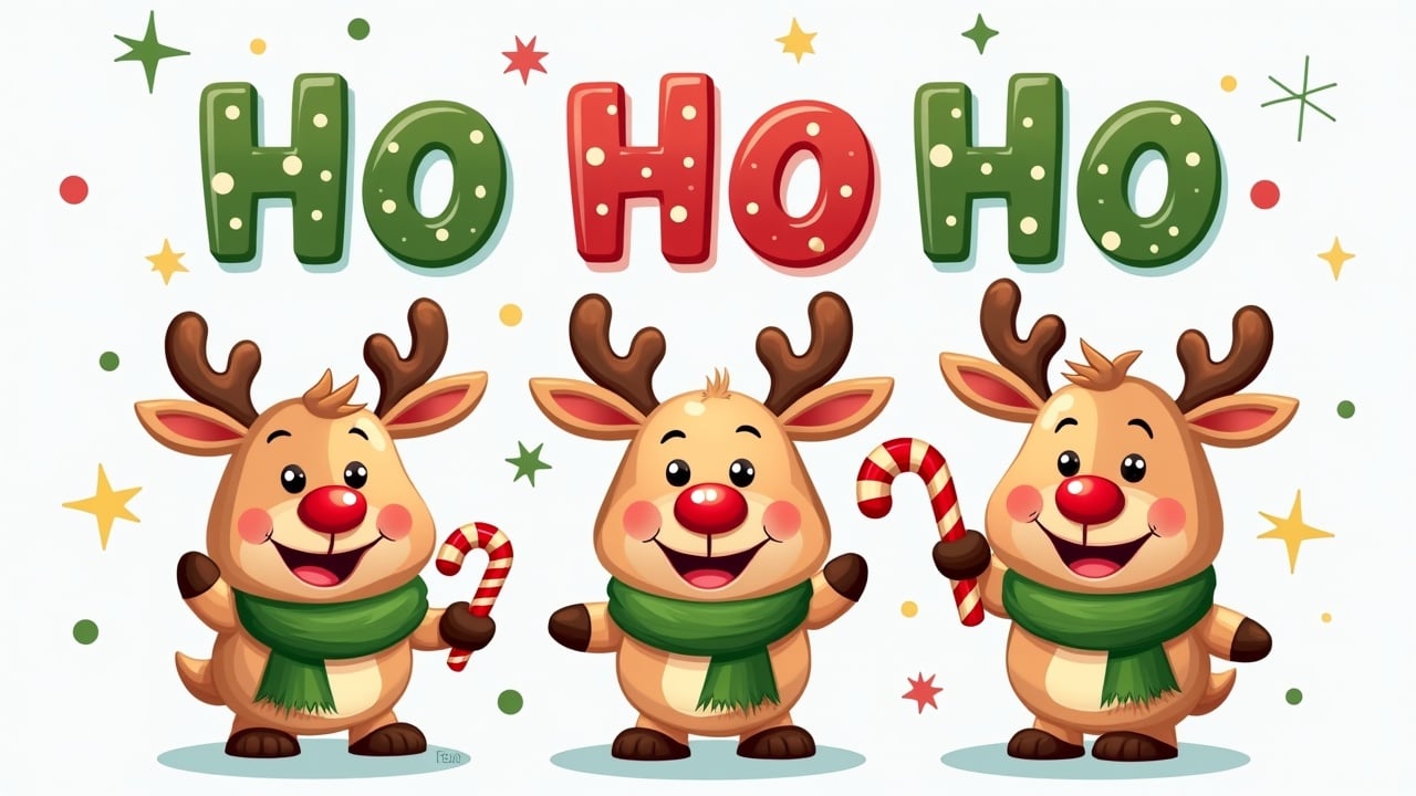 Cartoon picture features three reindeer with red noses. Each reindeer wears a green scarf. Each holds a candy cane. Above them is the text 'HO HO HO' in colorful letters. The theme is Christmas with cheerful expressions. The image is bright and festive.