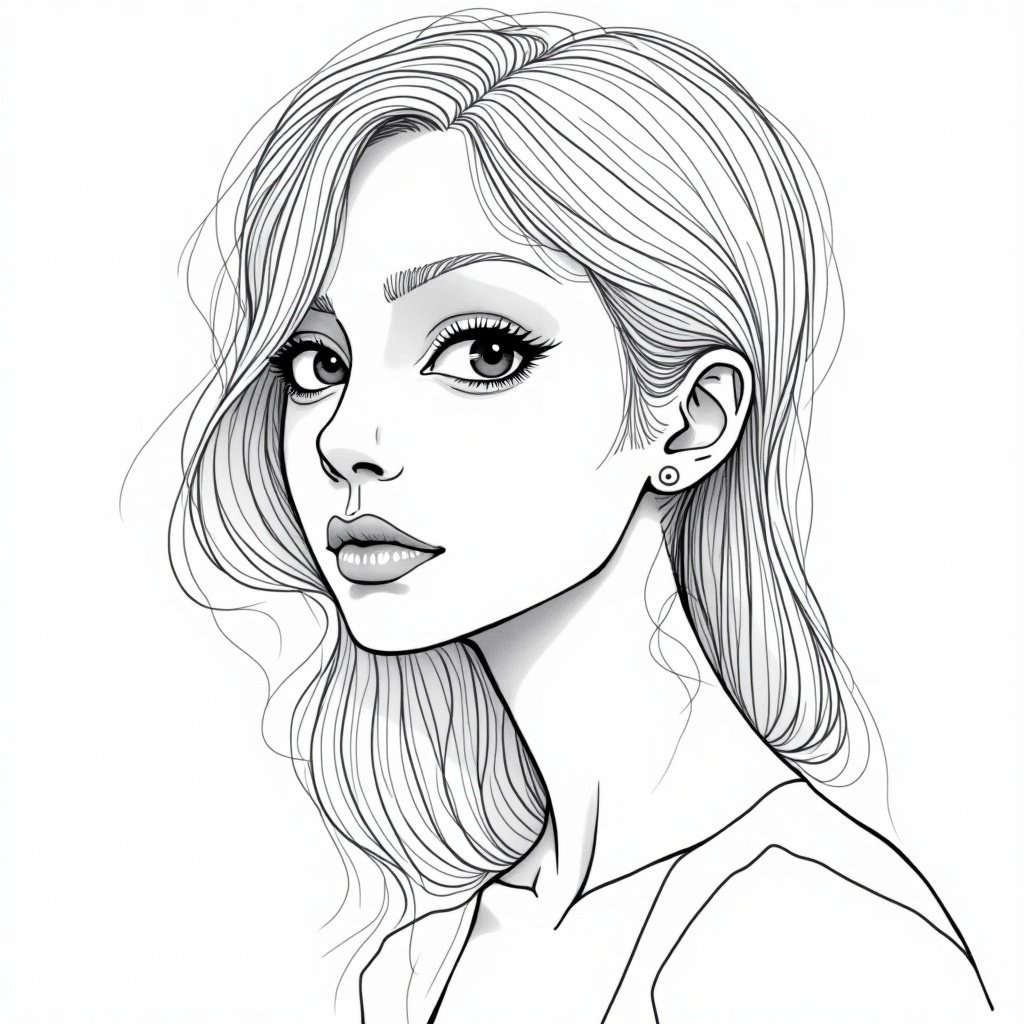 Portrait of a girl illustrated in abstract line art style with clean and minimalist features. Focus on elegant hair and simple lines.