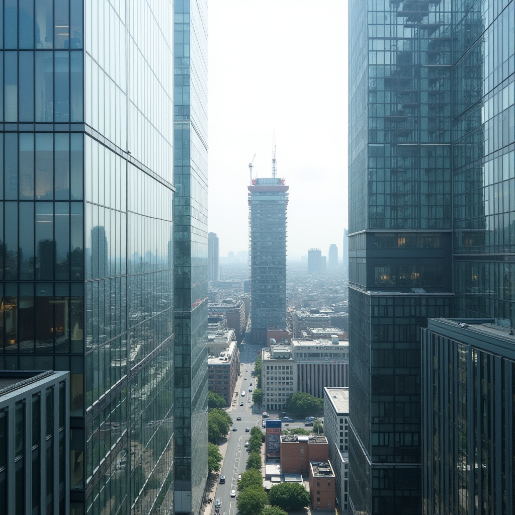 Tall glass buildings stretch along a street, leading to a central tower under construction with cranes at its top.