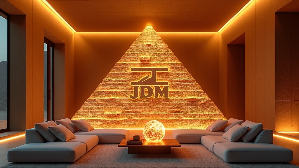 A modern interior with a pyramid-shaped illuminated wall, featuring the letters 'JDM' and contemporary seating with a glowing spherical centerpiece.