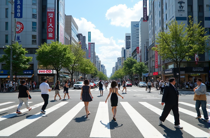 A bustling city street with people crossing a wide zebra crossing under a clear blue sky.