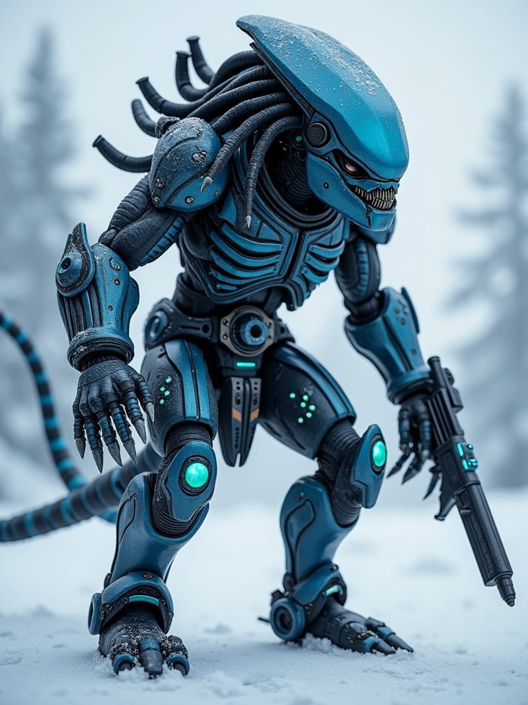 A hybrid robotic character combines features from Predator and Alien. Set against a snowy warzone backdrop. The robot has gadgets attached to its legs and armor covering its body. Eyes glow blue and it wields neon weapons. Its nose is armored and it has large glowing teeth. A metallic tail and a cannon are visible on the body. Snow is on the ground and snowfall adds atmosphere. The character is high quality and shown in a close-up, front view.