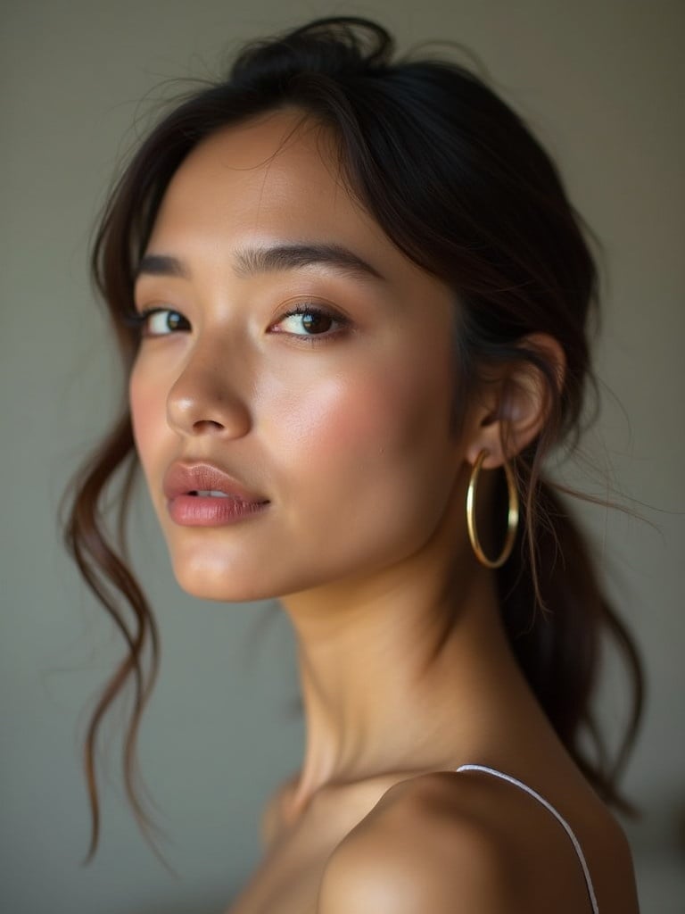 Portrait of a young woman. She has soft natural makeup and wears hoop earrings. The image features diffused lighting. The focus is on her side profile and elegance.