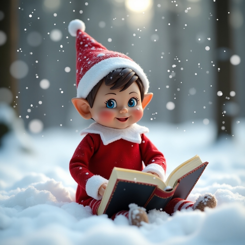 A brown-skinned boy elf doll sits in the soft, fluffy snow, dressed in a bright red outfit with a white collar. He is joyfully writing in a large book, surrounded by gently falling snowflakes. The scene is set in a serene winter forest, with snow-covered trees in the background. The elf has a warm smile, exuding a sense of happiness and cheer. The overall atmosphere is magical and festive, making it perfect for the holiday season.