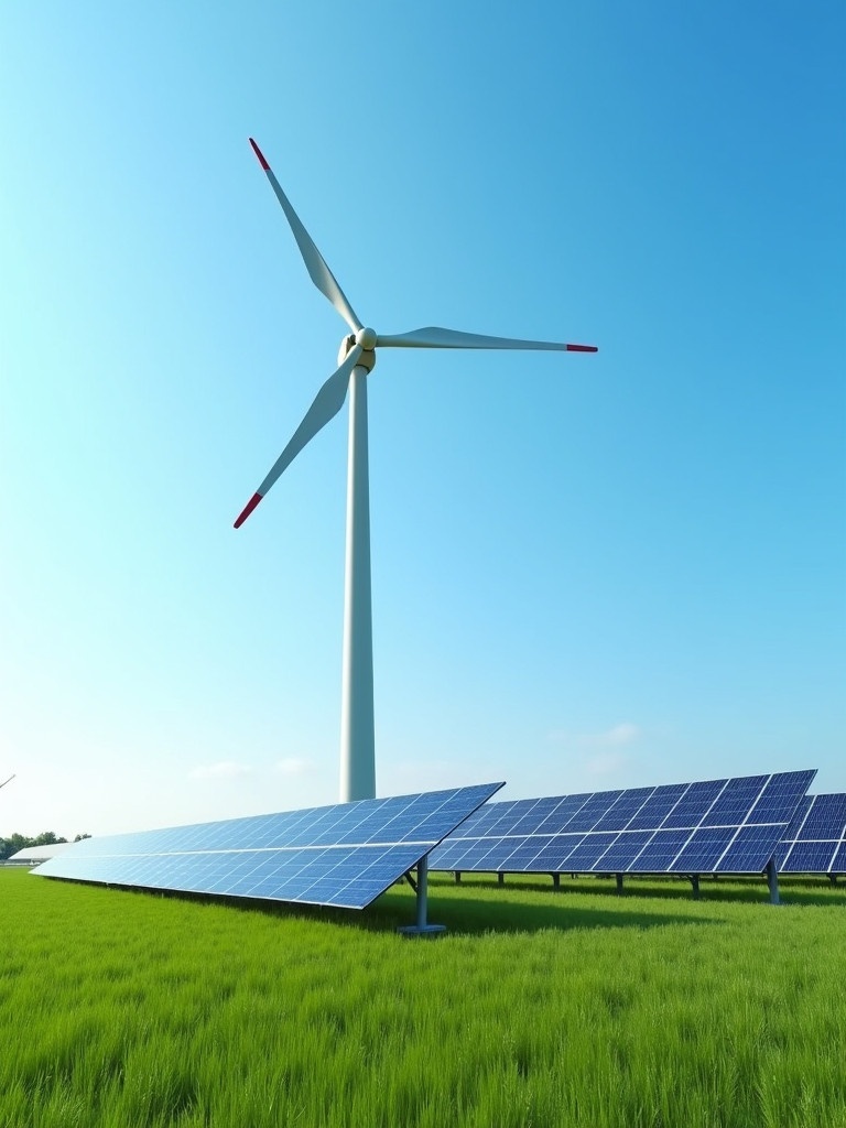 A wind turbine and solar panels coexist in a green field under a clear blue sky.