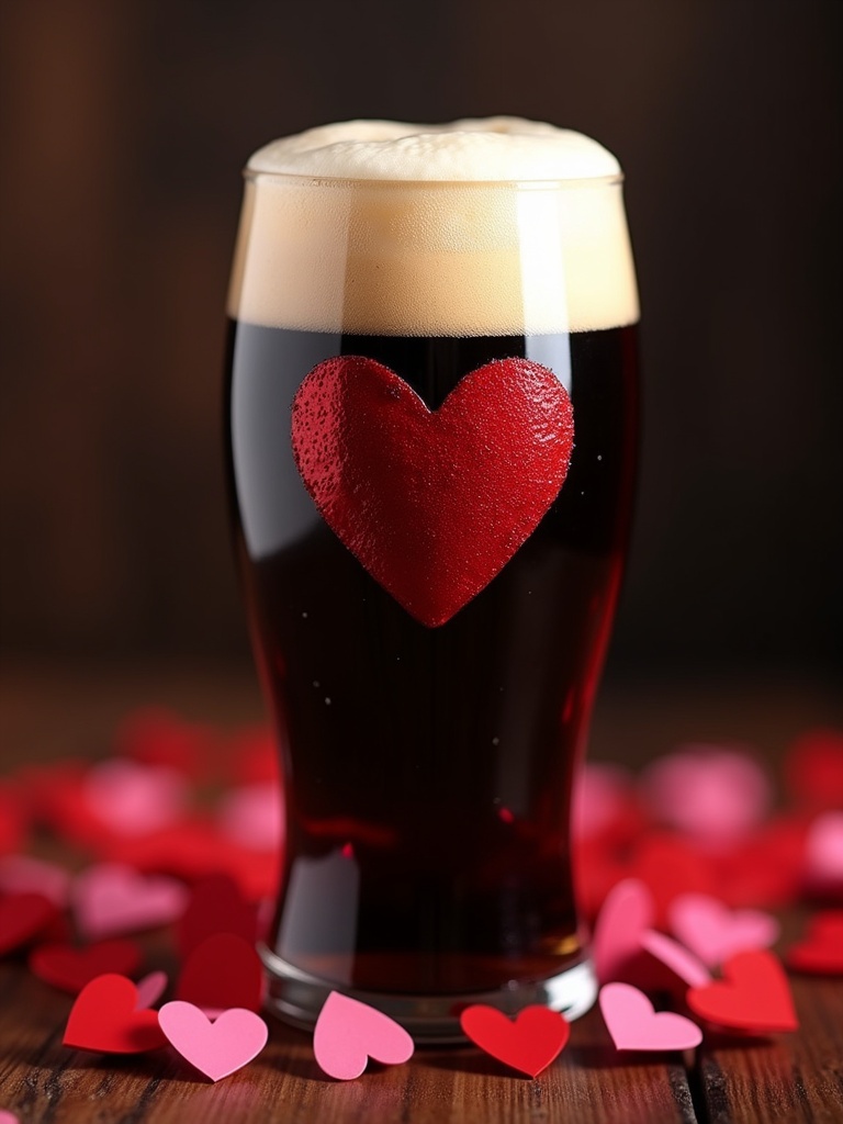 A pint glass of Guinness beer topped with a love heart shaped foam. The background consists of scattered heart-shaped confetti in red and pink colors. The scene evokes a romantic atmosphere ideal for Valentine's Day.