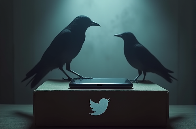 Two crows stand on a box with a smartphone, illuminated in a dim room with the Twitter logo visible.