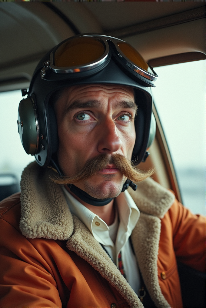 A man with a handlebar mustache wears aviator goggles and a shearling-lined jacket, evoking a vintage pilot style.