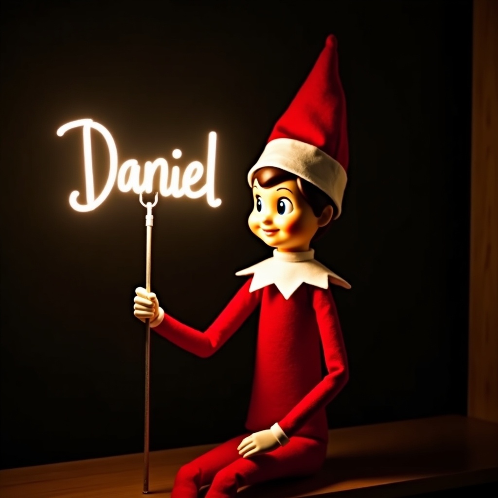 This image features a festive elf on the shelf character, dressed in red and white. The elf is holding a glowing stick that writes the name 'Daniel' in bright light. The background is intentionally dark, making the glow stand out prominently. This creates a warm and inviting atmosphere, reminiscent of holiday joy. The scene captures the magic often associated with Christmas celebrations and traditions. The dark background contrasts with the warm glow, enhancing the overall festive feel.