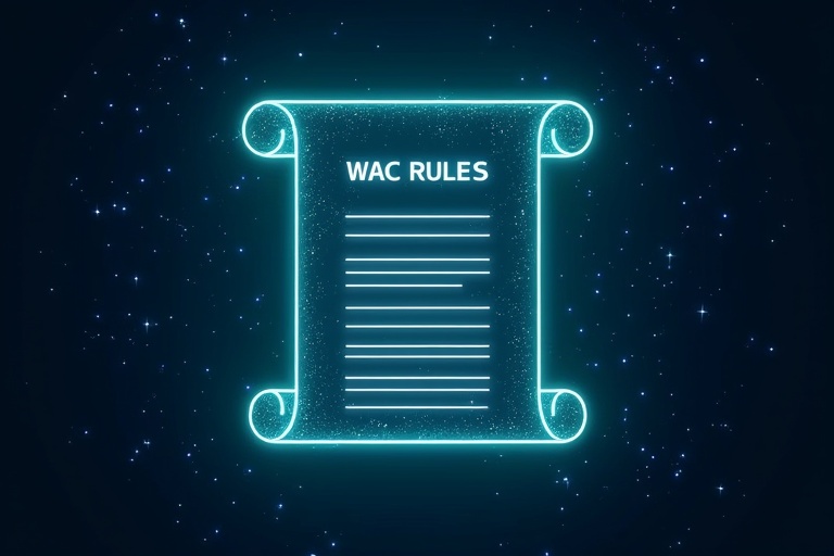 A space-themed image features a dark blue starry background. In the center is a semi-transparent digital scroll that appears to unroll. The scroll displays the title WAC Rules. It has twelve glowing white lines etched upon it. Surrounding the scroll are subtle green and blue light effects. The imagery symbolizes technology and innovation.