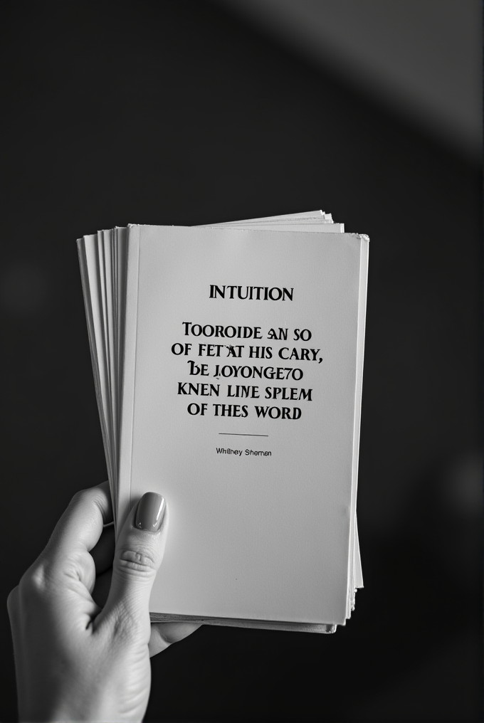 A hand holds a card with distorted text under the heading 'INTUITION.'