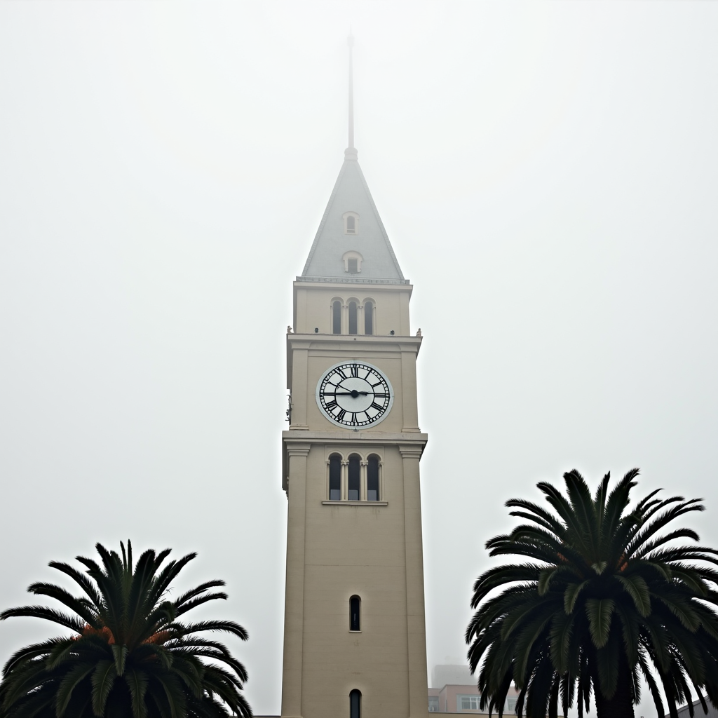 A clock tower surrounded by palm trees stands prominently against a misty sky.