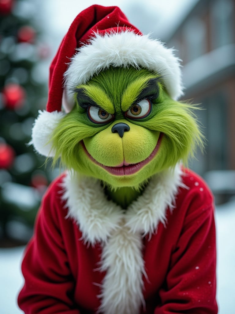 Transform the character into the Christmas Grinch with mischievous expression. Add green fur and a slightly torn red Santa suit with white trim. Include a slightly askew Santa hat. Background is snowy winter scene with pine trees.