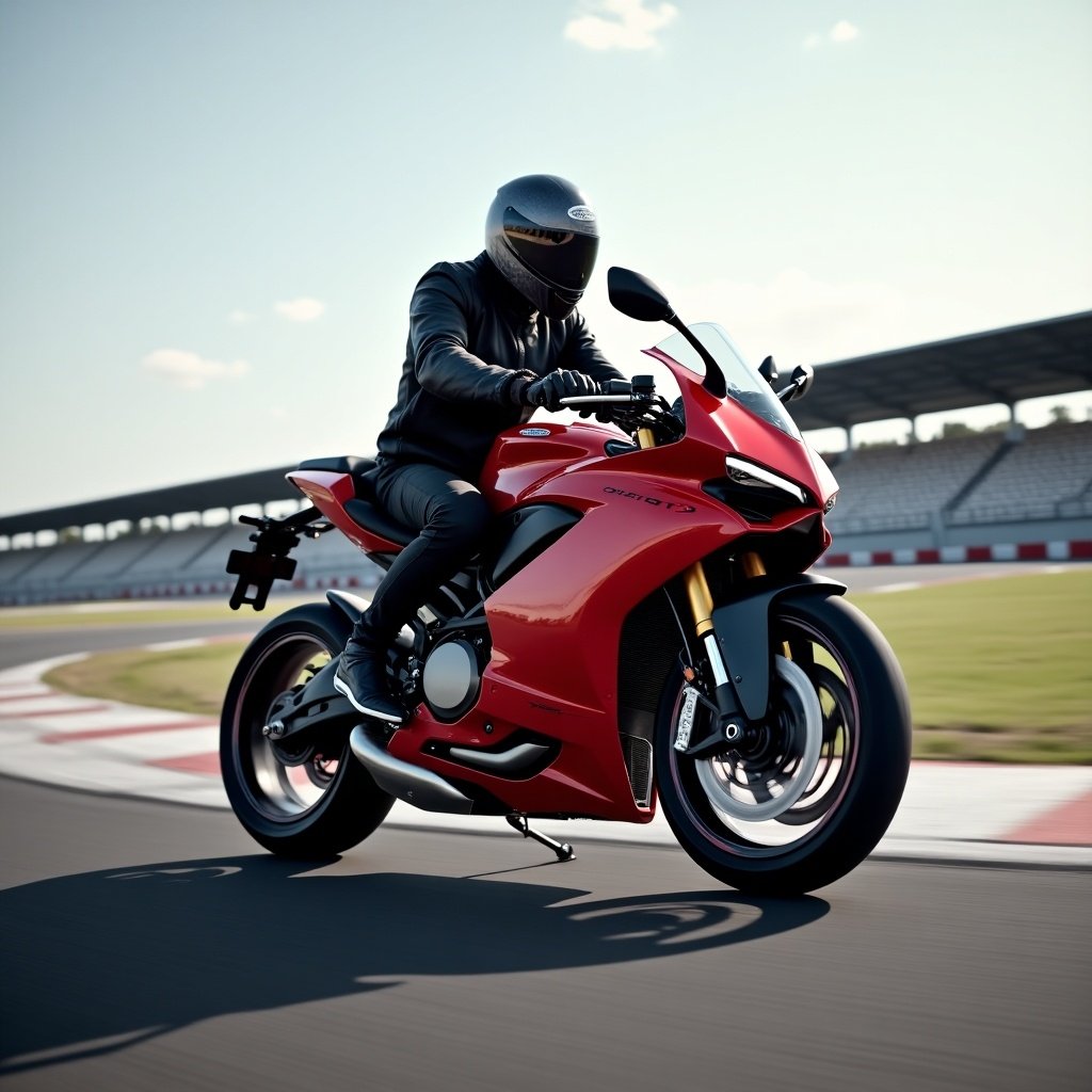 2025 Ducati Multistrada V2 photographed on a race track with a rider. The scene captures motion and speed.