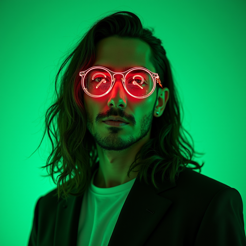 A person with long hair wears glowing neon glasses against a green background.