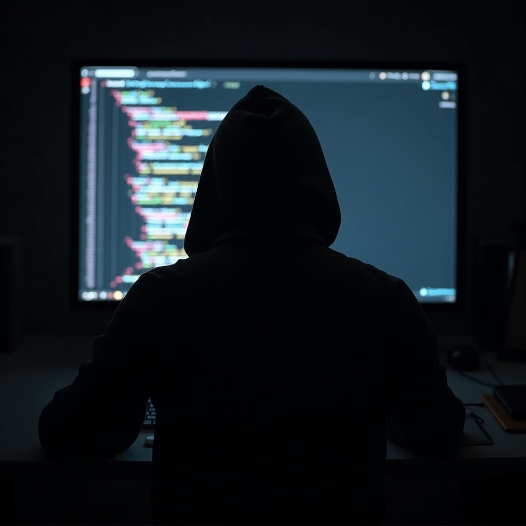 A person wearing a hoodie sits in front of a computer screen displaying lines of code in a dark room.