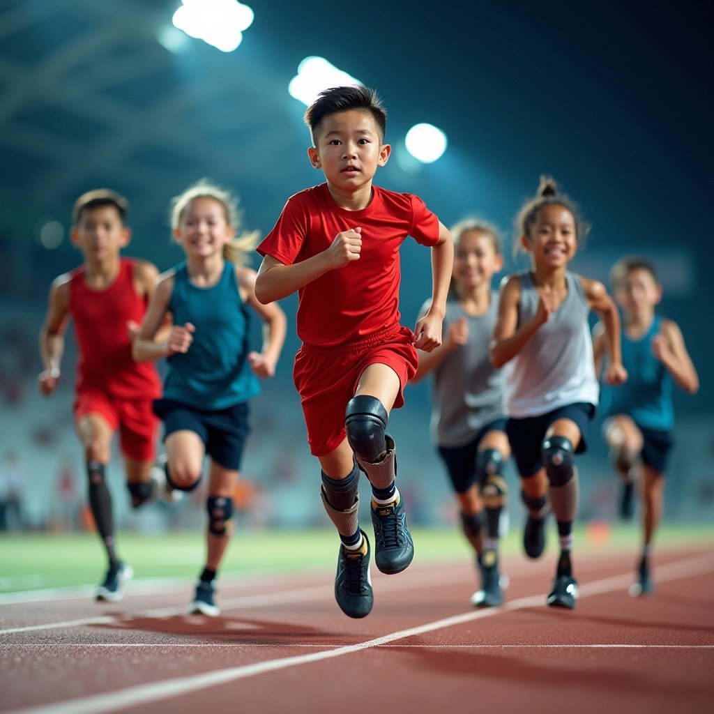 Boys and girls with prosthetic legs sprinting on a track