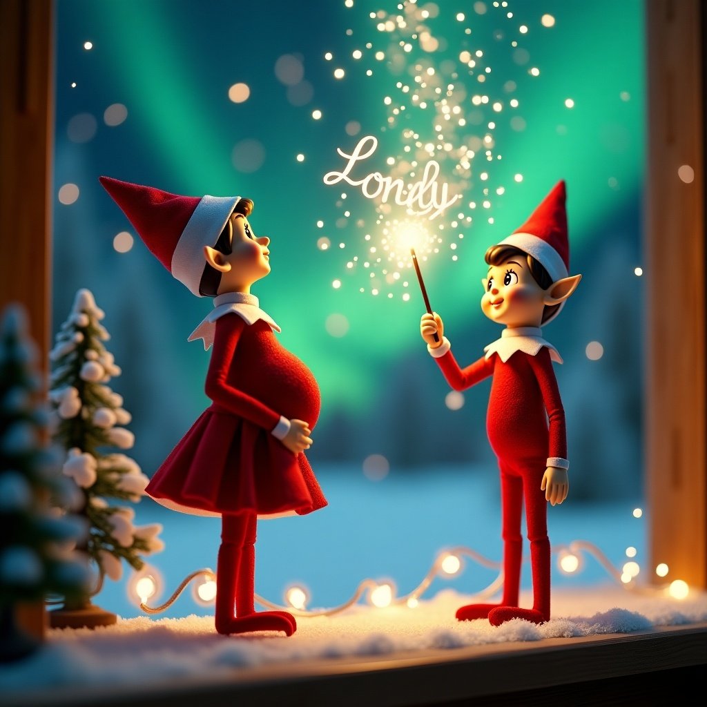 Enchanting Christmas scene with an elf wearing a red skirt and a pregnant belly facing the sky. Her brother elf is beside her smiling. The elf holds a wand writing 'Londyn and Navy' in glowing script. The backdrop has vibrant northern lights creating a magical ambiance. Scene reflects Christmas spirit with a whimsical twist.