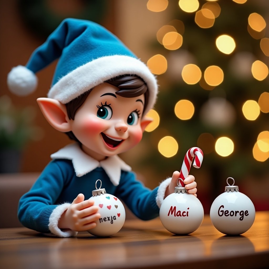 Cheerful Christmas elf in blue attire writes names on baubles. Elf has playful expression, seated at wooden table with holiday decorations. Softly lit Christmas tree with twinkling lights in background. Elf holds red and white candy cane. Names include Maci and George for personal touch.