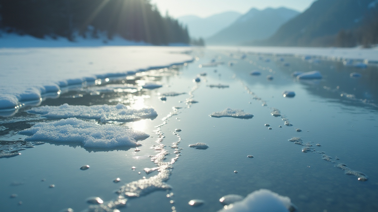 This image portrays a serene river scene captured through a cinematic lens. The water's surface is surrounded by thin ice and ice formations, reflecting a tranquil landscape. The setting is illuminated by soft, natural light, emphasizing the cold atmosphere. Rich details are present throughout, showcasing textures on the ice and water surfaces. The background features distant mountains, providing depth and a picturesque nature scene. The film color correction creates a soothing, cinematic effect.