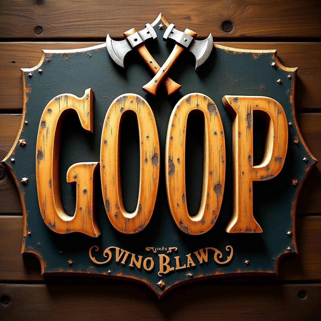 This image showcases a detailed sign that reads 'GOOP'. The sign features bold letters made of distressed wood with a golden outline, giving it a vintage aesthetic. At the top, you'll find two axes crossed, which enhances the rustic tavern theme. The background has a warm wood texture that complements the overall look. It is perfect for hospitality decor or themed events.