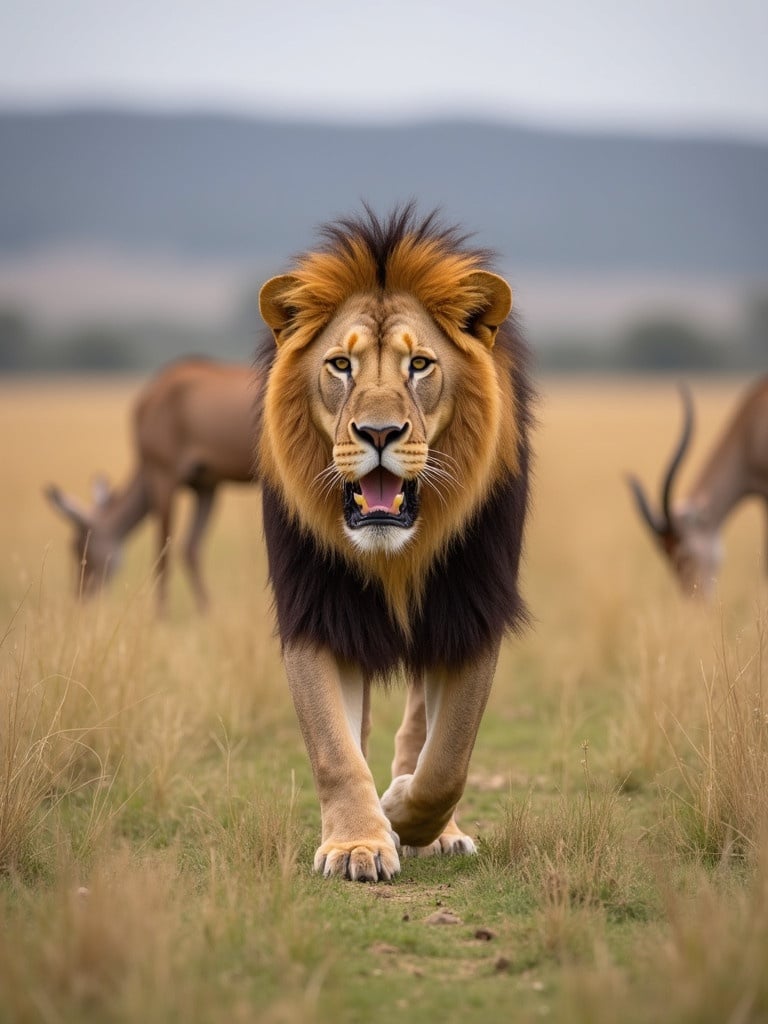 A lion walking in the savannah landscape. Antelope are seen in the background. The lion appears fierce and majestic. Grasslands stretch across the scene. A soft focus on the atmosphere enhances the wildlife setting.