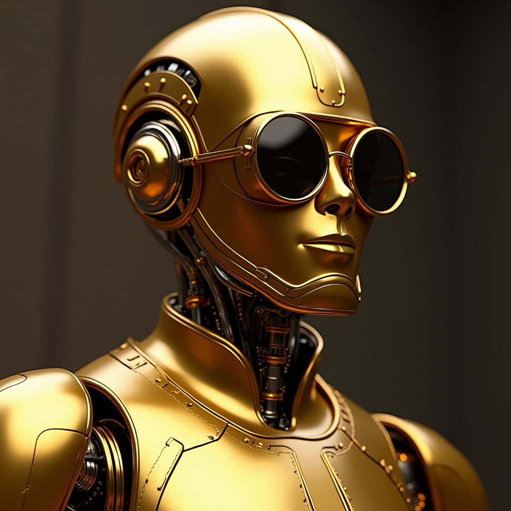 A sleek, gold-plated humanoid robot, elegantly adorned with sunglasses and detailed mechanical features, exuding a sophisticated and futuristic aura.