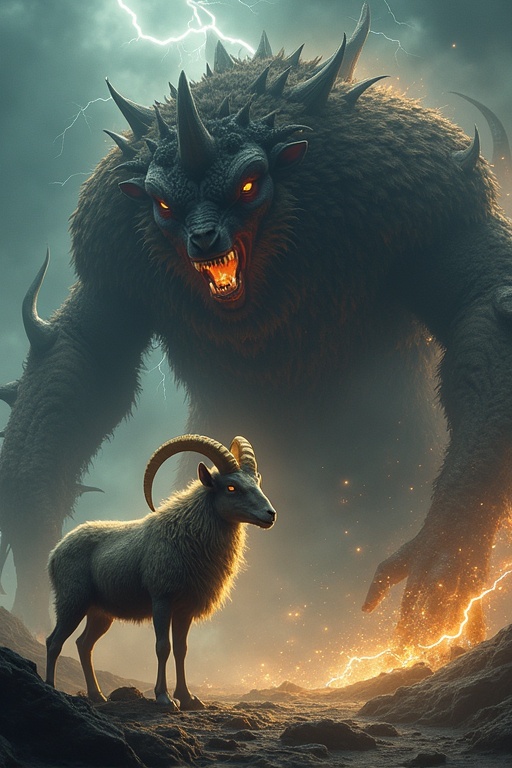 Majestic ram with golden horns stands before a towering demonic sheep. The ram's fur glows softly while the sheep has jagged spikes and molten eyes. The ram speaks calmly while the sheep roars in anger amidst a stormy landscape. Lightning illuminates the scene as they prepare to battle. The artwork captures a struggle between wisdom and fury.